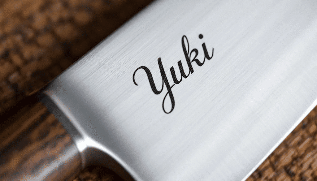The image showcases a beautifully engraved Japanese knife, highlighting intricate designs and personalized names in both Japanese and English. This unique craftsmanship adds a special touch, making it an ideal gift for chefs or cooking enthusiasts who appreciate quality kitchen knives.