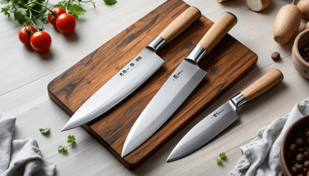 image - Japanes Knives Tips The image showcases a selection of Japanese knives, including a kiritsuke knife and a standard chef's knife, highlighting their distinct features such as the razor-sharp straight edge and angled tip. Displayed on a wooden cutting board, these beautifully crafted blades exemplify the artistry and precision that make them favored tools among both professional chefs and home cooks.