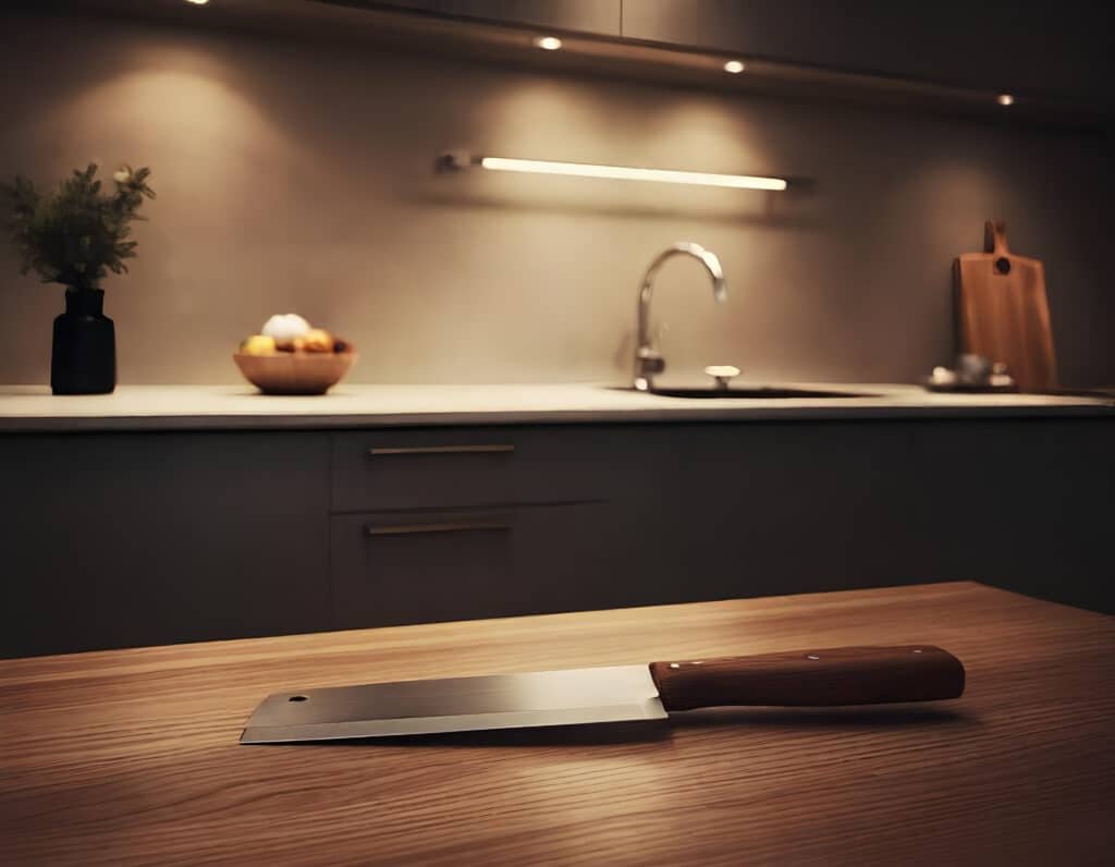 Photograph showcasing the meticulous care of premium kitchen knives, highlighting their craftsmanship and the ritual of maintenance in a warm, inviting kitchen setting.