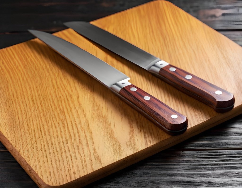 Two knives on a chopping board.
