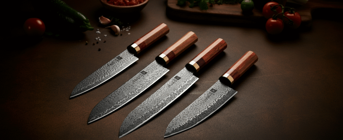 Photograph showcasing a set of four premium Japanese-style kitchen knives with wooden handles and textured blades, artfully arranged on a warm kitchen counter with fresh ingredients.