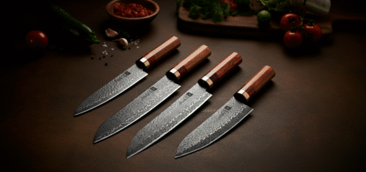 Photograph showcasing a set of four premium Japanese-style kitchen knives with wooden handles and textured blades, artfully arranged on a warm kitchen counter with fresh ingredients.
