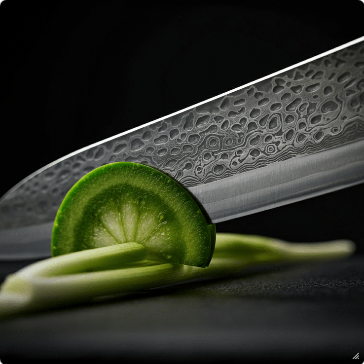 A minimalist and modern close-up of a Japanese knife slicing through a vegetable, highlighting the blade's sharpness and elegance.