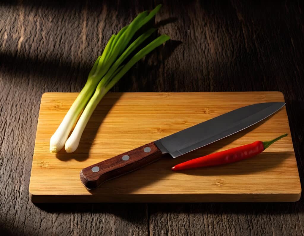 A photorealistic HDR image of a Japanese knife set arranged on a rustic wooden cutting board. The knives feature Damascus steel blades with intricate wave patterns and polished wooden handles. The scene is warmly lit with golden sunlight streaming through a nearby window, casting soft shadows. Fresh ingredients like green onions, red peppers, and garlic cloves are scattered around, adding vibrant pops of color. The overall tone is cozy and inviting, perfect for a home kitchen setting.