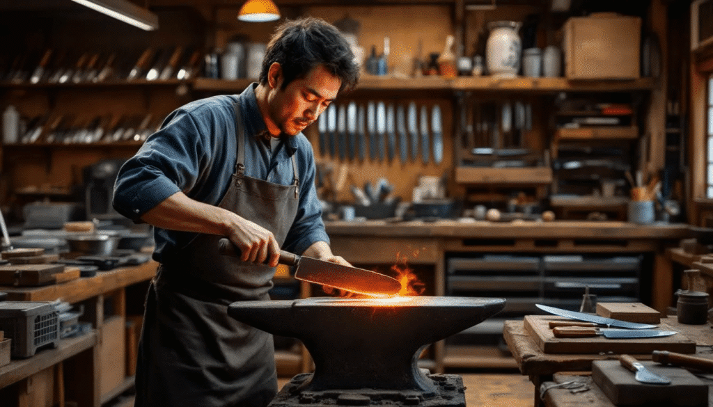 image - Japanes Knives Tips The image showcases the intricate process of how Yoshihiro knives are made, highlighting the craftsmanship involved in hand-forging and sharpening each blade. Skilled artisans use premium materials, including strong steels and traditional woods, to create these beautiful and functional Japanese knives, designed for both professional chefs and home cooks.