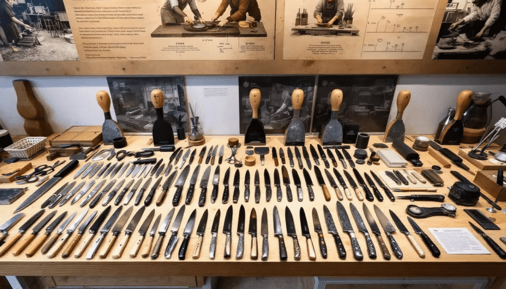 The image showcases a collection of beautifully crafted Seki knives, highlighting their superior quality and razor-sharp edges. Each knife reflects the artistry of master craftsmen from Seki City in Gifu Prefecture, with unique patterns of Damascus steel and ergonomic designs suitable for both kitchen and outdoor use.