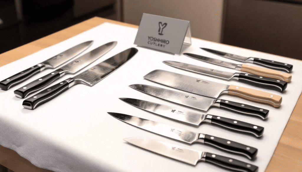 image - Japanes Knives Tips The image showcases a beautifully arranged display of Yoshihiro Cutlery kitchen knives, highlighting the craftsmanship and precision that has defined the company for over 100 years. Each knife, including the gyuto and nakiri, reflects a blend of traditional Japanese knife making techniques and modern innovation, making them a popular choice among professional chefs and home cooks alike.
