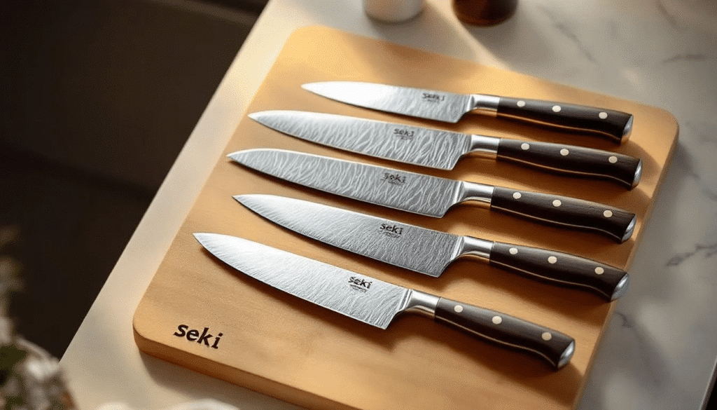 The image showcases a collection of Seki kitchen knives, featuring various styles such as santoku and gyuto, known for their razor-sharp edges and superior ergonomics. Crafted by master craftsmen in Seki City, Japan, these knives exemplify traditional Japanese cutlery with a blend of durability and precision, making them essential tools for both professional chefs and home cooks.