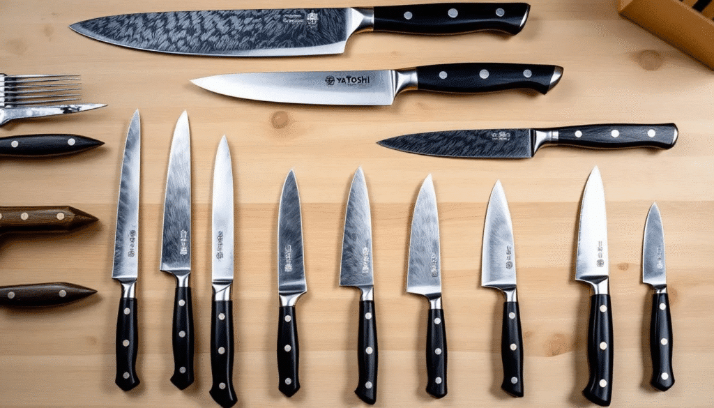 The image showcases a variety of Yatoshi knife sets, including a chef knife, santoku, and specialty knives, all displayed in an elegant block set. Each knife features high carbon Damascus steel blades, highlighting their sharp edges and durability, perfect for all your cooking and dicing needs in the kitchen.