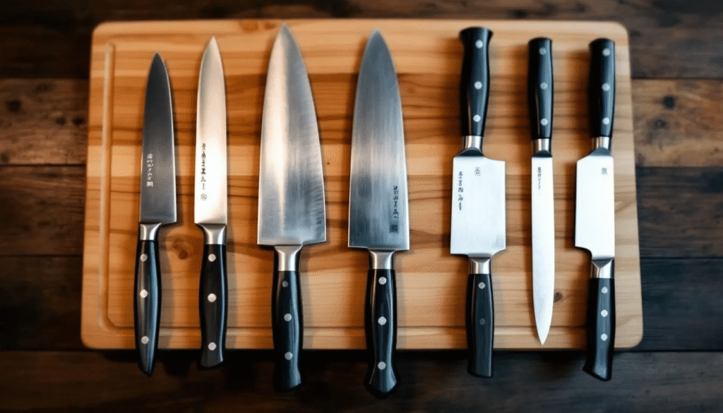 The image showcases a variety of Japanese knives used in omakase preparation, including a deba knife for breaking down fish, a yanagiba knife for slicing raw fish into paper-thin slices, and a nakiri knife for chopping vegetables. Each knife features distinct designs and blade materials, emphasizing precision and artistry in culinary techniques.