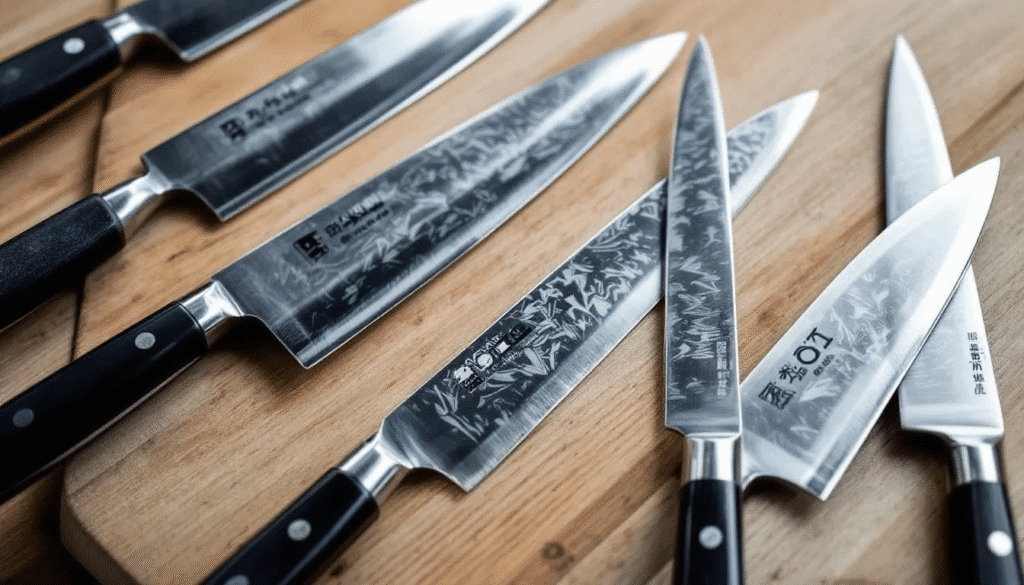 The image showcases a collection of omakase knives, highlighting their unique blade characteristics such as narrow blades and pointed tips designed for precision in slicing raw fish. The high carbon steel blades are expertly crafted to achieve smooth cuts and delicate, paper-thin slices, emphasizing the artistry and technique essential for Japanese cuisine.