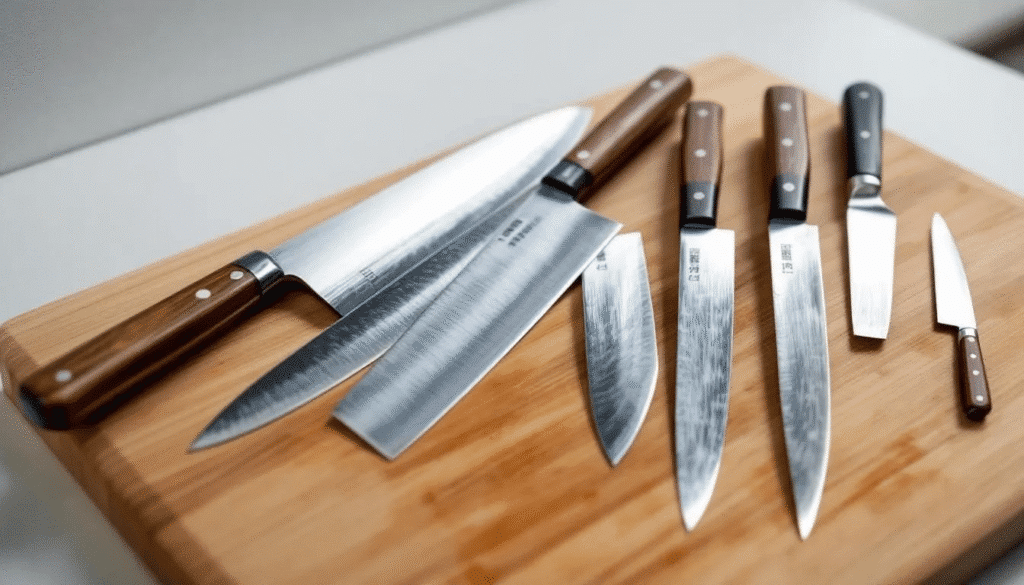 The image showcases a collection of Japanese knives used in omakase, including a sturdy Deba knife for breaking down fish, a Yanagiba knife for slicing raw fish into paper-thin pieces, and a versatile Gyuto knife for various kitchen tasks. Each knife features a sharp edge and is crafted from high carbon steel, highlighting the artistry and precision essential for sushi and sashimi preparation.