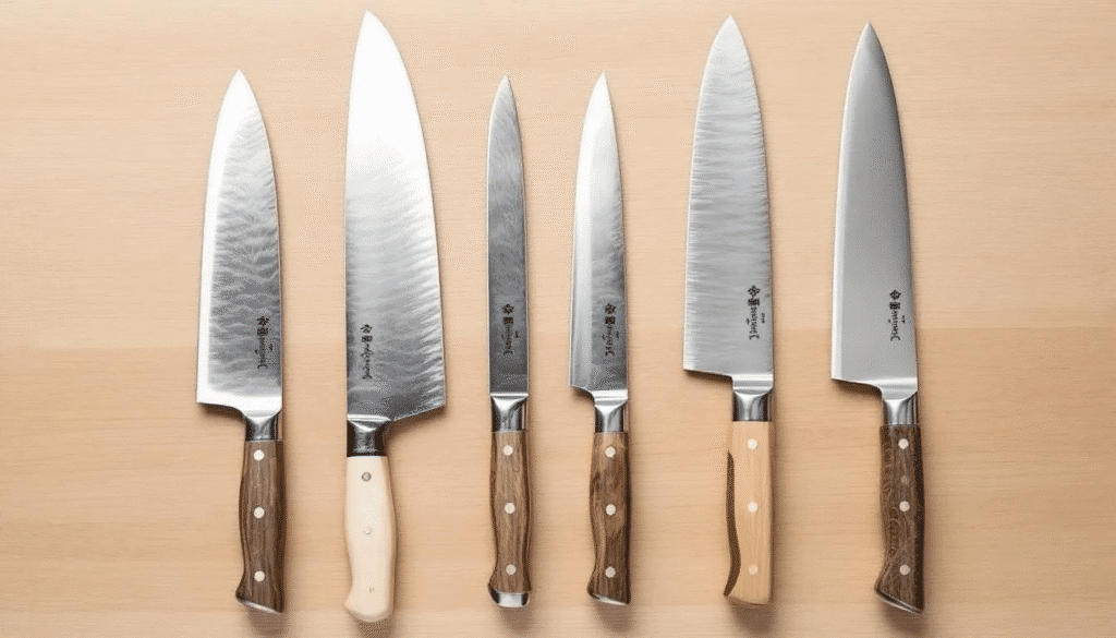 image - Japanes Knives Tips The image showcases a selection of different types of Yoshihiro knives, including the versatile Gyuto, precision Nakiri, and specialized Sujihiki, all crafted with exceptional attention to detail for both professional chefs and home cooks. Each knife reflects the artistry and tradition of Japanese knife making, emphasizing quality, sharpness, and comfort in the hand.