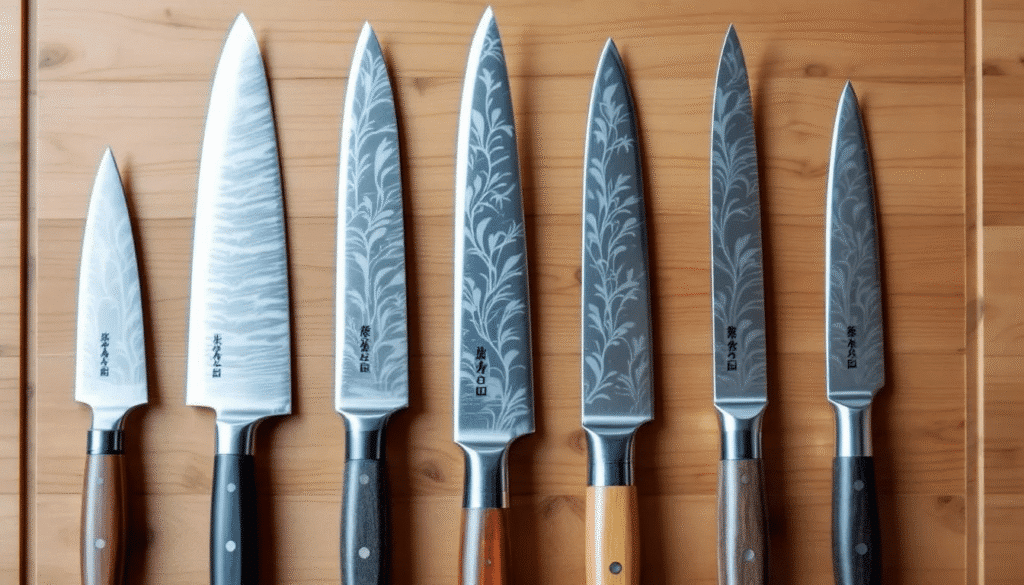 An HDR photograph showcases a selection of high-end Japanese knives, highlighting their razor sharp edges and beautiful craftsmanship. The image captures the elegance and precision of these fine Japanese knives, emphasizing their role as both essential kitchen tools and stunning works of art.