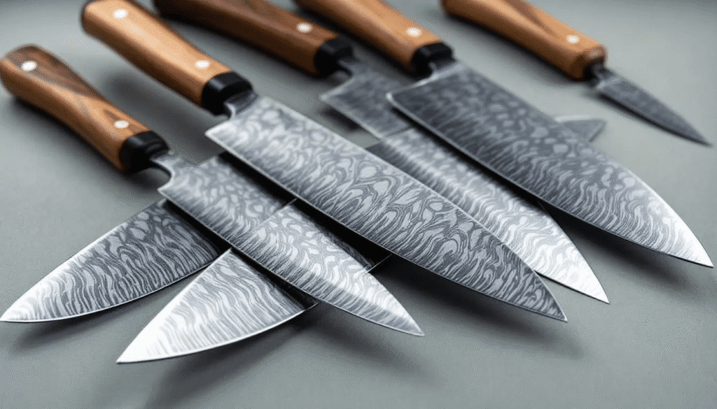 The image showcases a variety of high-end Japanese knives, highlighting their razor-sharp edges and beautiful Damascus patterns. Each knife features a well-balanced design with wood handles, emphasizing the quality craftsmanship and traditional techniques that define Japanese cutlery.