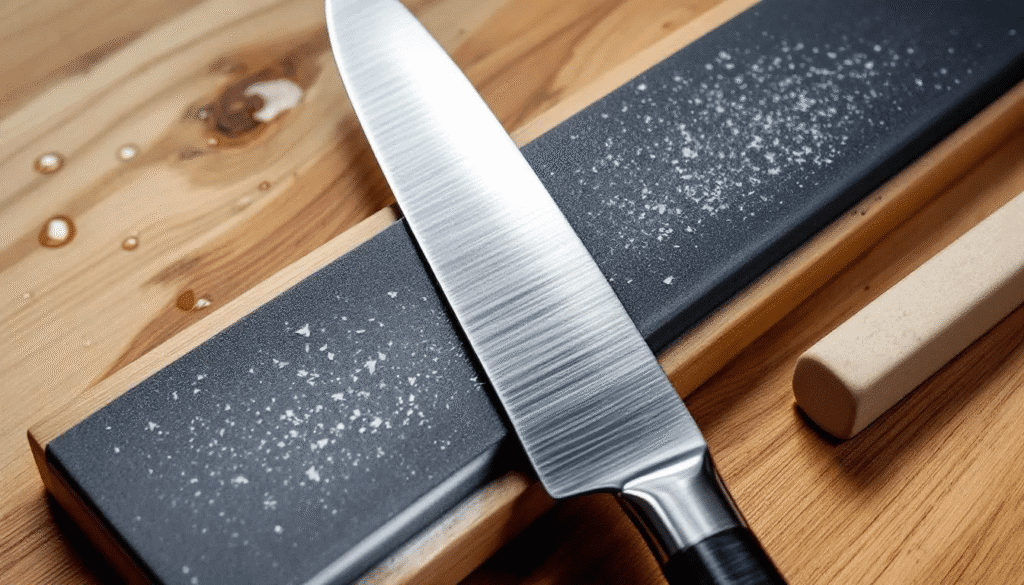 The image depicts a skilled artisan sharpening a Japanese knife on a whetstone, showcasing the traditional technique essential for achieving a razor sharp edge. The scene emphasizes the craftsmanship involved in maintaining high-quality Japanese cutlery, highlighting the importance of precision and care in kitchen prep for both professional chefs and home cooks.