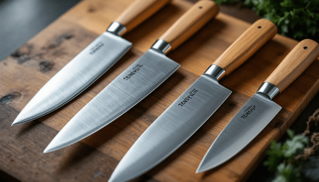 An HDR photograph showcases a collection of Tensyu knives, highlighting their thin, sharp blades made from high-quality Japanese steel. The image captures the elegant design of the natural wood handles, emphasizing their lightweight and comfortable feel, making them ideal for kitchen tasks like cutting vegetables and meat.