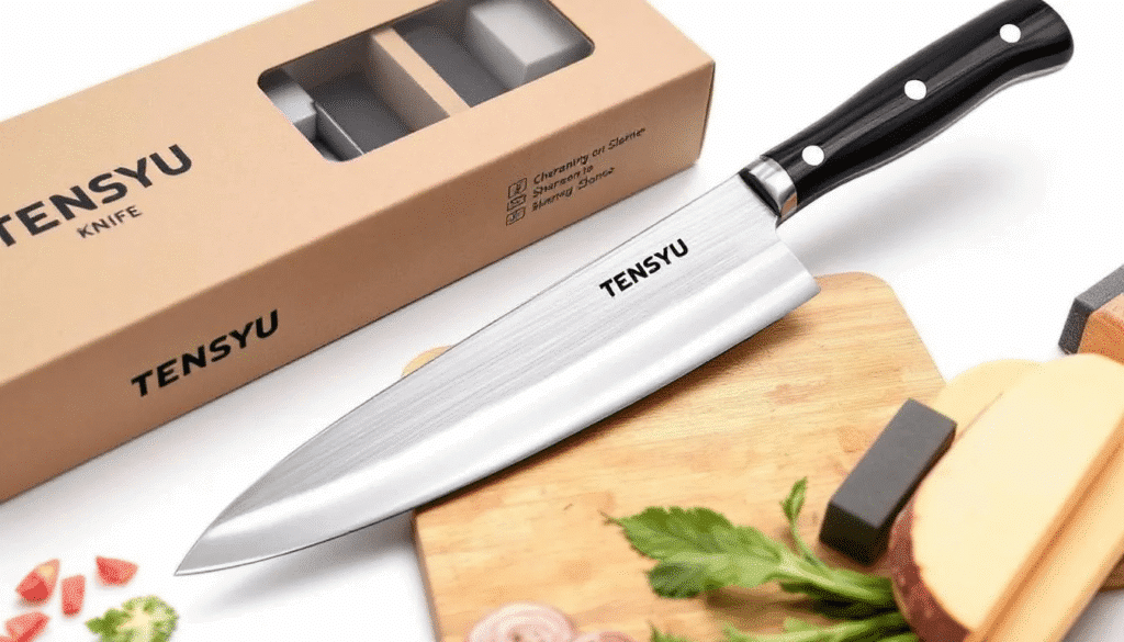 The image depicts a well-maintained Tensyu knife, showcasing its sharp stainless steel blade and ergonomic handle, resting inside a sturdy storage box designed for protection. Accompanying the knife are accessories like a sharpener, emphasizing the importance of proper care for maintaining the quality and longevity of this essential kitchen tool.