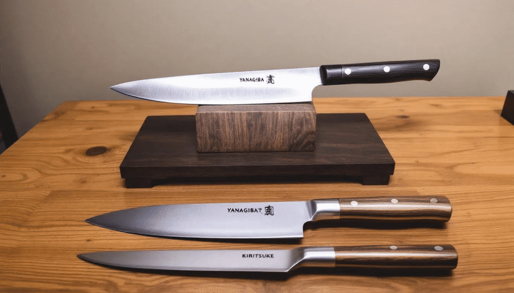 image - Japanes Knives Tips The image showcases a variety of Japanese knives, including traditional yanagiba and kiritsuke knives, highlighting their unique blade shapes and craftsmanship. The yanagiba knife features a long, thin blade with a single bevel edge, ideal for slicing raw fish and achieving precise cuts, while the kiritsuke knife demonstrates versatility for various culinary tasks.