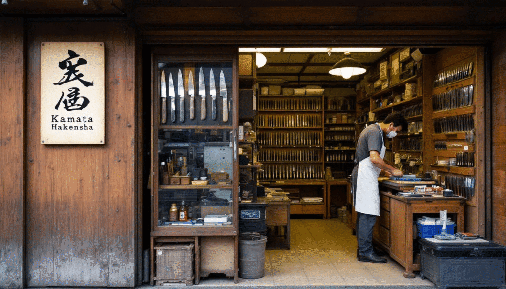 The image depicts the Kamata Hakensha knife shop, a historic establishment in Asakusa, Tokyo, known for its top grade handmade Japanese knives. The shop showcases a rich history of knife sharpening and craftsmanship that has been passed down through four generations, emphasizing the art and skill involved in creating high-quality blades for professional chefs and cooking enthusiasts.