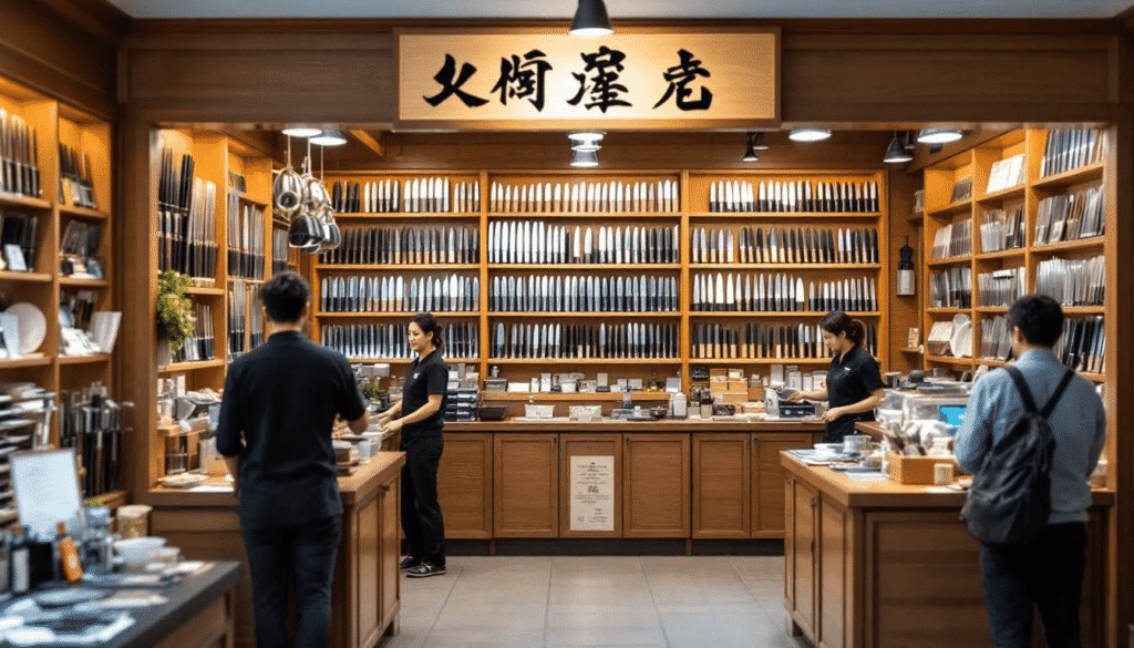 The image depicts the interior of Kamata Hakensha, a renowned knife shop in Asakusa, Tokyo, showcasing a wide array of top-grade handmade Japanese knives crafted by skilled craftsmen. Customers can be seen interacting with knowledgeable staff, exploring the impressive selection of knives, while a display features intricate cherry blossom engravings on some blades, highlighting the shop's dedication to quality and personalized service.