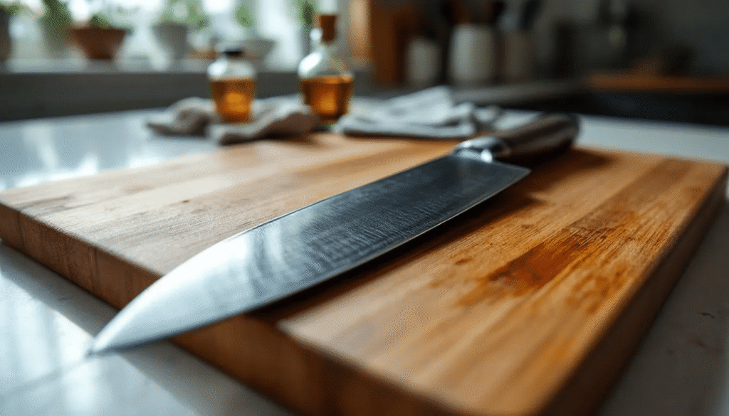 The image depicts a skilled craftsman carefully sharpening a Kamata knife, showcasing the intricate process involved in maintaining Japanese knives. The scene highlights the craftsmanship and attention to detail that goes into keeping these top-grade handmade knives in optimal condition for professional chefs and cooking enthusiasts alike.