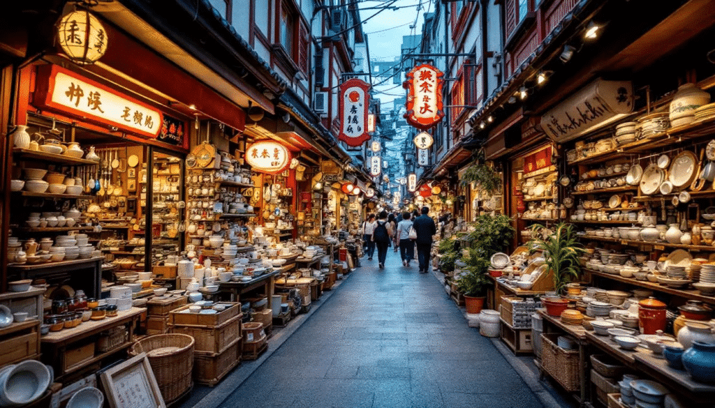 The image captures a vibrant street scene in Kappabashi, Tokyo, showcasing various shops filled with high-quality Japanese knives and kitchen tools. Customers browse the elevated floors of these stores, which are known for their beauty and craftsmanship, while enjoying the opportunity to purchase unique kitchen knives at regular prices.