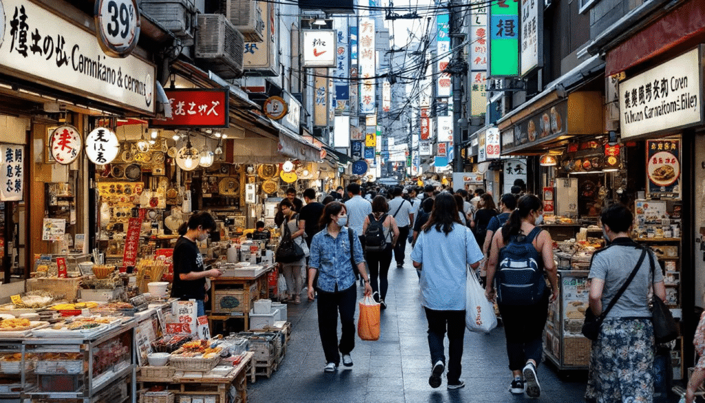 The image captures a bustling street scene in Kappabashi, Tokyo, where customers explore various stores selling high-quality Japanese knives and kitchen tools. Shoppers are engaged in purchasing and browsing, with displays showcasing an array of beautifully designed kitchen knives, making it a vibrant hub for culinary enthusiasts.