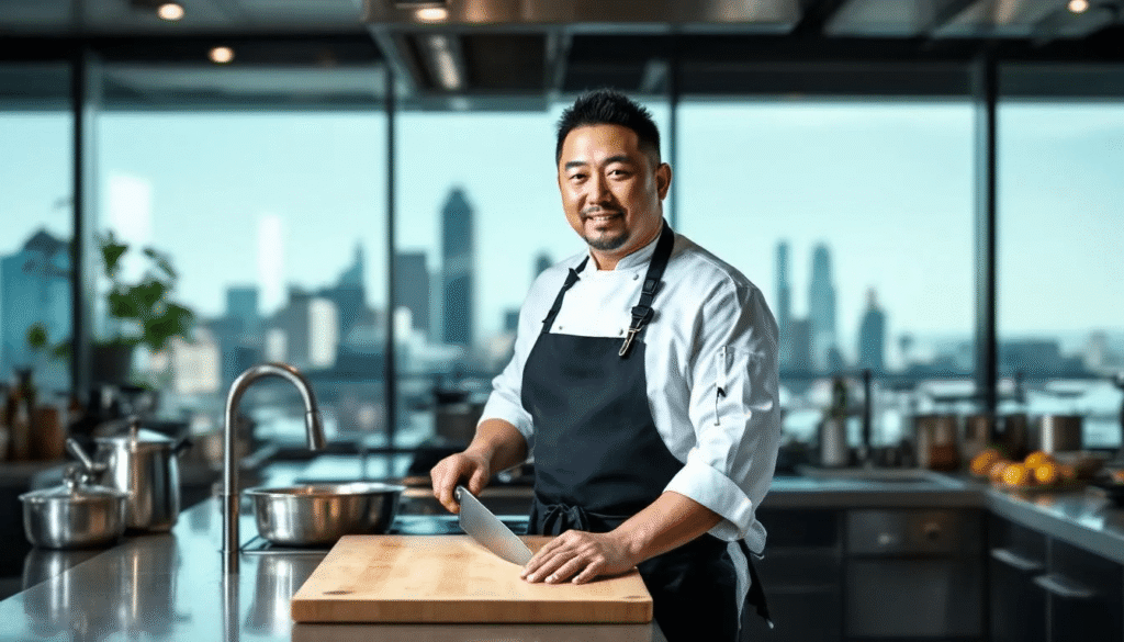 image - Japanes Knives Tips The image showcases Chef Masaharu Morimoto, known for his famous knife skills, surrounded by a selection of Morimoto knives, highlighting their elegant design and sharpness. This HDR photograph captures the beauty and precision of these traditional Japanese cutlery tools, reflecting the craftsmanship and history behind the Morimoto brand.