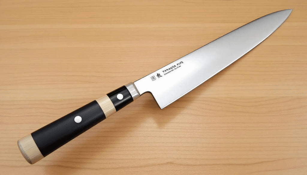 image - Japanes Knives Tips The image showcases a collection of traditional Japanese yanagiba knives, highlighting their narrow blades and razor-sharp edges designed for slicing raw fish and boneless fish fillets. Each knife features a single bevel edge, crafted for precision and control, ideal for professional chefs preparing sushi and sashimi.