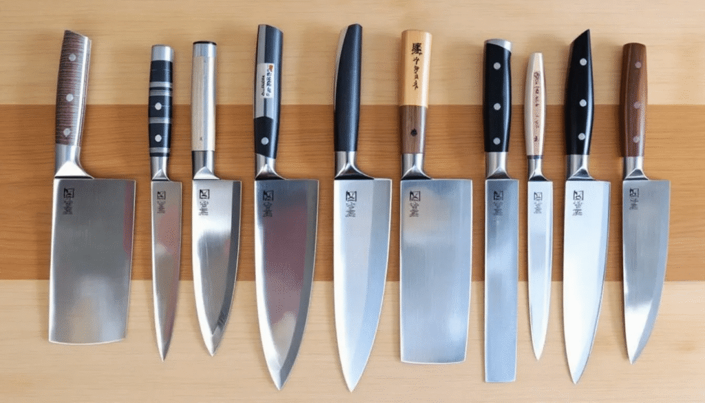 The image showcases a beautifully arranged collection of Japanese knives, highlighting their exquisite craftsmanship and unique handle designs. These knives, known for their superior sharpness and edge retention, are ideal for slicing raw fish for sushi and sashimi or peeling and chopping vegetables, making culinary tasks easier and more enjoyable.