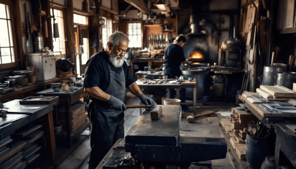 The image showcases Sukehira knives crafted by master blacksmith Sukehira Hirata and his wife, Nodoka Hirata, who is the only female Murage in Japan. It highlights the unique Tamahagane steel produced from iron sand and charcoal in the traditional tatara furnace, emphasizing the exceptional quality and craftsmanship that goes into each beautifully forged blade.
