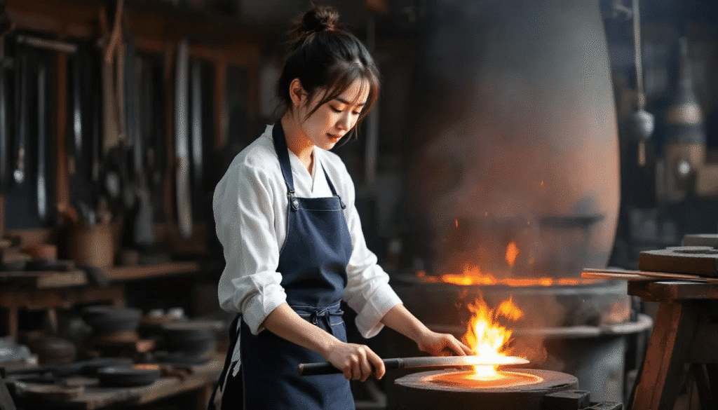 Nodoka Hirata, Japan's only female Murage, is depicted skillfully overseeing the steel-making process at Hirata Sword Smith, where she expertly produces high-quality Tamahagane steel using traditional techniques in a Tatara furnace. Her dedication to her craft and collaboration with fellow blacksmiths highlight her significant role in creating exceptional Sukehira knives and Japanese swords.