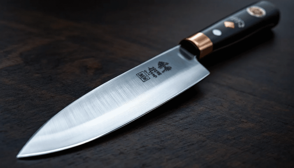 The image showcases a collection of exquisite Sukehira knives, highlighting their unique hand-engraved patterns and the high-quality Tamahagane steel used in their crafting. Each knife, reflecting the skills of master blacksmiths from Japan, serves not only as a kitchen tool but also as a piece of art with historical significance.