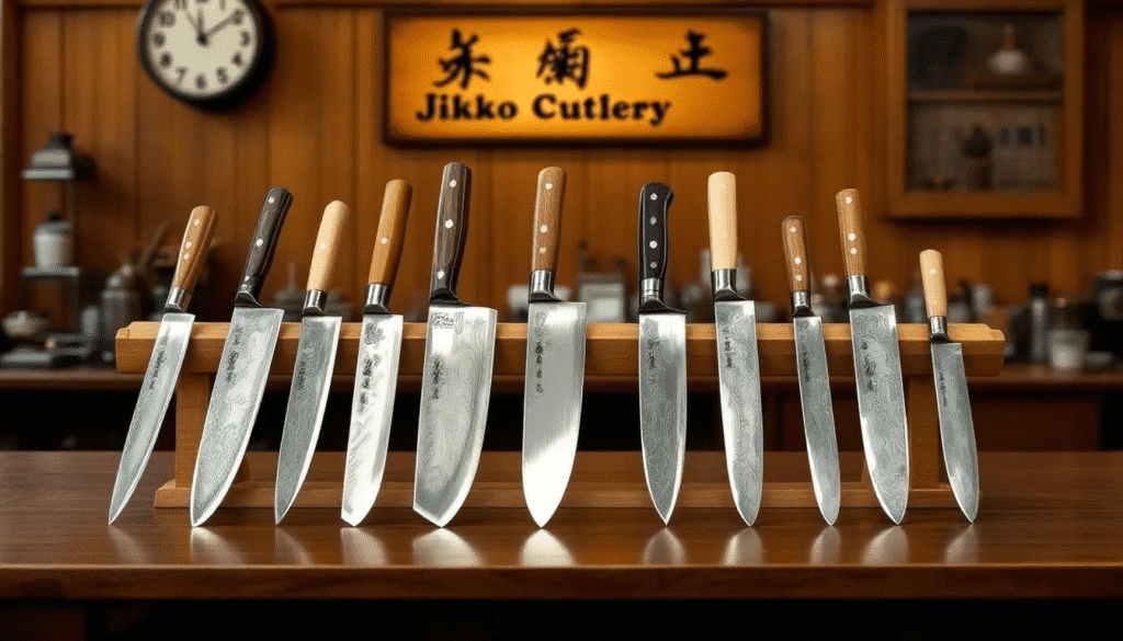The image showcases a selection of Jikko Cutlery's premium kitchen knives, including chef knives and santoku knives, all crafted with high-quality steel materials for durability and sharpness. Displayed against a wooden backdrop, these beautifully designed Japanese knives highlight the company's long history of skilled craftsmanship and commitment to quality.