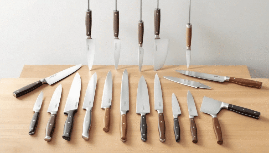 The image showcases a collection of Jikko knives, featuring various types of kitchen knives, including santoku knives and chef knives, all designed for precision and durability. Each knife boasts incredibly sharp blades made from high-quality, rust-resistant steel materials, perfect for slicing meat and dicing vegetables with ease.
