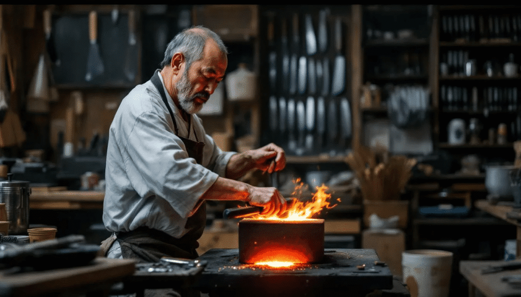 The image depicts a skilled artisan at work in a traditional Japanese knife-making workshop, surrounded by tools and tamahagane steel, a material renowned for its strength and sharpness. The scene reflects the rich history and meticulous techniques passed down through generations in Japan, emphasizing the craftsmanship behind these durable kitchen knives.