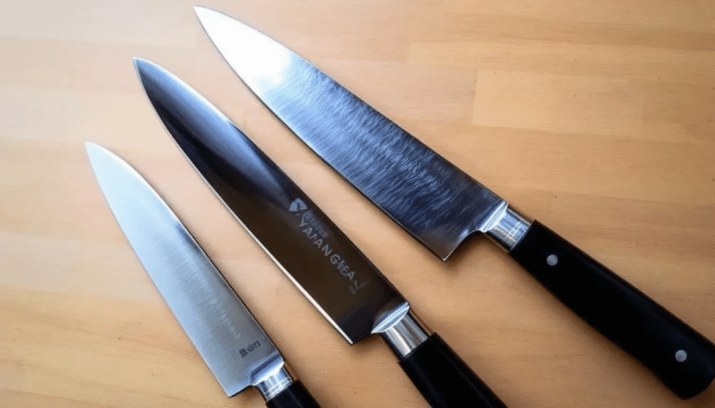 image - Japanes Knives Tips The image showcases various types of Yanagiba knives, including the versatile Kiritsuke Yanagiba, which features a long, thin blade with an angled tip for precision cutting. These traditional Japanese knives are designed for slicing raw fish and meat, highlighting their craftsmanship and razor-sharp edges.