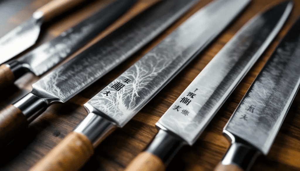 The image showcases various types of tamahagane knives, including chef’s knives and paring knives, highlighting their unique shapes and weights. Each knife features a core layer of VG-5 stainless steel, known for its durability and edge retention, making them ideal tools for home cooks.