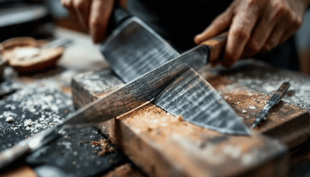 The image depicts a skilled craftsman forging a tamahagane knife, showcasing the traditional techniques used to create the blade from tamahagane steel. The unique grain patterns and the artisan's attention to detail highlight the durability and quality that home cooks and collectors appreciate in these handcrafted kitchen knives.