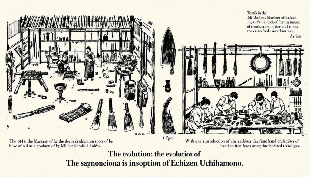 The image depicts skilled artisans in Echizen City, Japan, engaging in the centuries-old tradition of crafting Echizen Uchihamono, which includes exceptional forged knives known for their sharpness and durability. These artisans utilize traditional forging techniques to create high-quality blades, connecting generations through their craftsmanship and artistry.