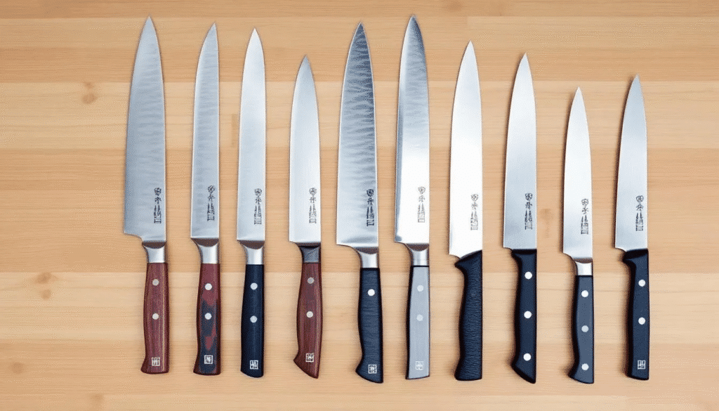 image - Japanes Knives Tips The image showcases a variety of Kanetsune knives, including santoku and nakiri styles, emphasizing their traditional craftsmanship and modern technology. Each knife is designed for specific culinary tasks, reflecting the brand's commitment to excellence and superior ergonomics, rooted in the legacy of Seki City, Japan.