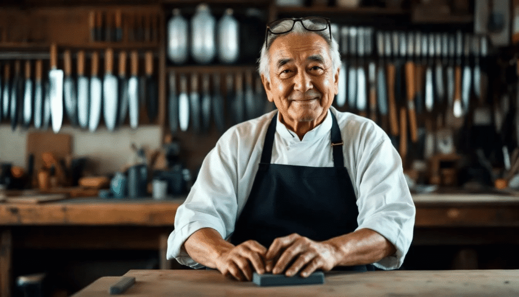 The image features Ichiro Hattori, the renowned craftsman behind the legendary Hattori knives brand, showcasing his dedication to the finest workmanship and precision in knife-making. At 82 years old, he continues to work in his own workshop in Seki, Japan, where he meticulously crafts high-quality knives, including chef knives and boning knives, embodying his philosophy of perfection and attention to detail.