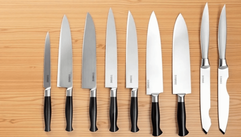 The image showcases a selection of Hattori Hanzo knives, including a gyuto chef knife, a petty knife, a boning knife, and a serrated bread knife, all crafted with precision and quality from Damascus steel. Each knife is designed for specific culinary tasks, reflecting the finest workmanship and attention to detail in Hattori's history of knife making.