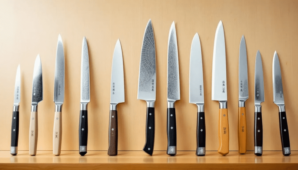 The image features a collection of beautifully crafted Sakai Takayuki knives, showcasing their precision and artistry. Each knife, including a paring knife and a gyuto, highlights the brand's commitment to quality and balance, making them ideal tools for both professional chefs and home cooks.