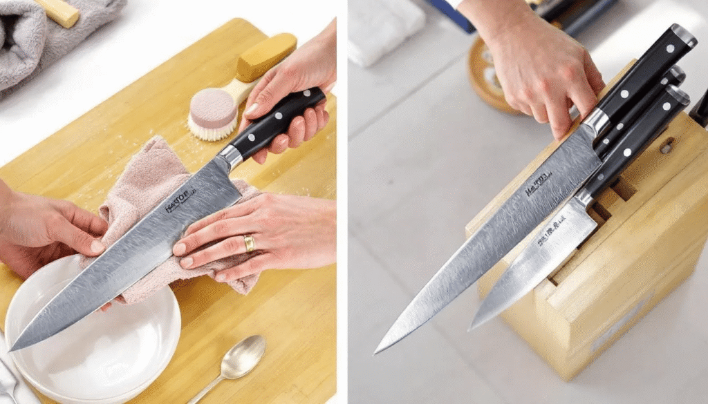 This image illustrates a Hattori Hanzo knife, showcasing its sleek design and craftsmanship, highlighting the sharp blade made from Damascus steel. The knife is placed on a wooden cutting board, surrounded by fresh vegetables, emphasizing its functionality for precise chopping and slicing in a professional kitchen setting.