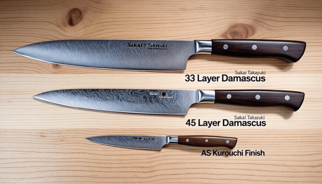The image showcases a beautifully crafted collection of Sakai Takayuki knives, including various styles such as gyuto and paring knives, all made with precision from high-quality stainless steel. Each knife reflects the artistry of skilled blacksmiths like Kenji Togashi and Itsuo Doi, demonstrating a perfect blend of traditional craftsmanship and modern innovation.