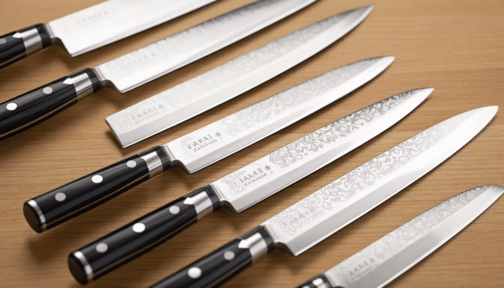 The image showcases a selection of beautifully crafted Sakai Takayuki knives, highlighting their elegant stainless steel blades and expertly designed handles. Each knife represents the artistry and precision of traditional Japanese craftsmanship, making them essential tools for chefs and cooking enthusiasts alike.