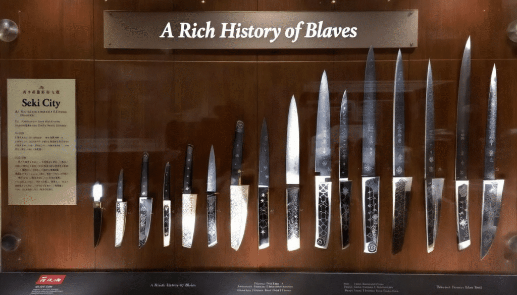 The image depicts a historical overview of knife craftsmanship in Seki City, Japan, showcasing the traditional techniques used by master craftsmen since the Muromachi period. It highlights the city's rich legacy in blade production, including kitchen knives and outdoor knives, emphasizing the superior quality and razor sharpness that Seki knives are renowned for worldwide.