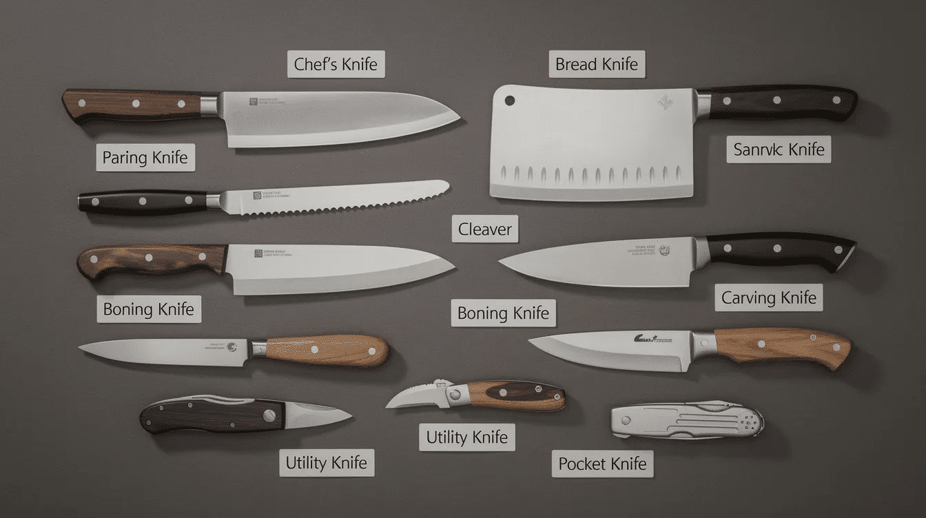 0101a3aa-fcca-4daf-b59f-f5ab92f55ba7 - Japanes Knives Tips The image showcases various types of knives, including carbon steel knives and stainless steel knives, highlighting their distinct features such as blade length and edge retention. Among them are a chef's knife, a paring knife, and a santoku knife, emphasizing their superior sharpness and exceptional durability for both professional chefs and home cooks.